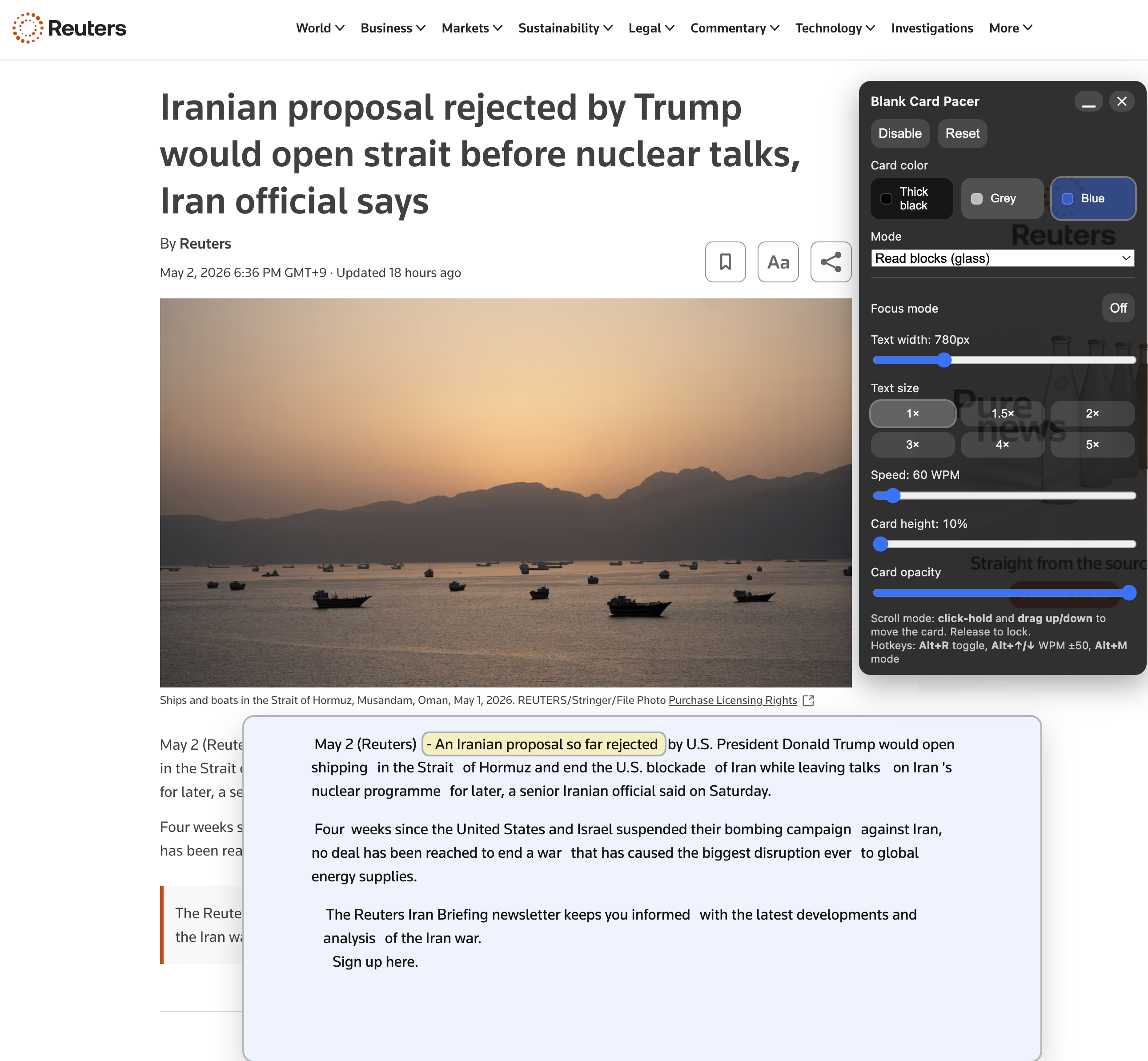 Pacer Pro on a Reuters article showing the reading overlay